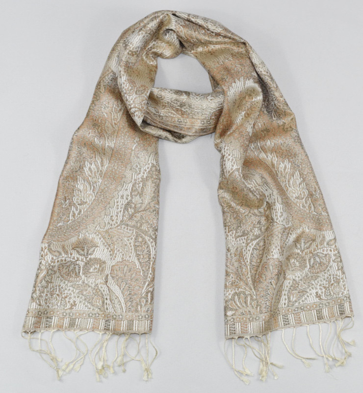 Hedvábná šála Jamawar malá - Smetanová a okrově hnědá s ornamenty