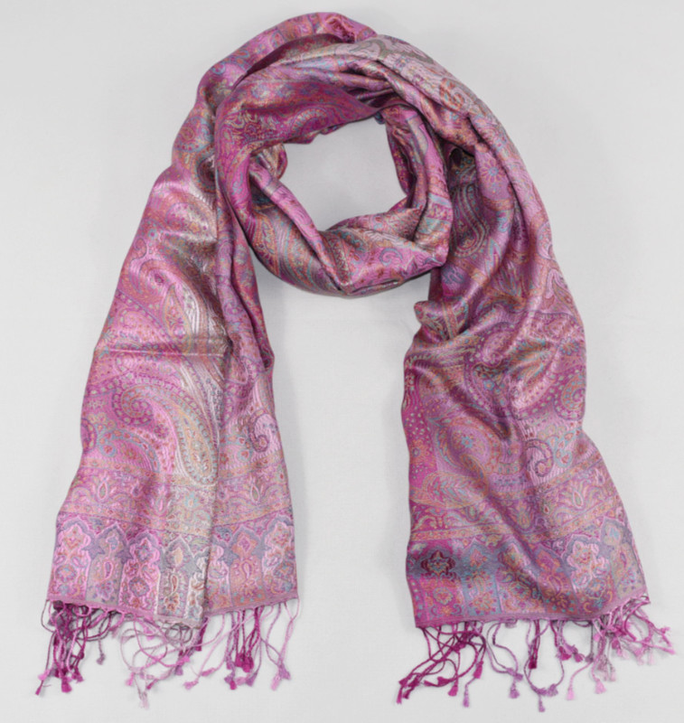 Hedvábná šála Jamawar velká - růžová s ornamenty 2