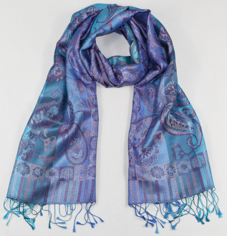 Hedvábná šála Jamawar střední - Tyrkysová a nebesky modrá s ornamenty
