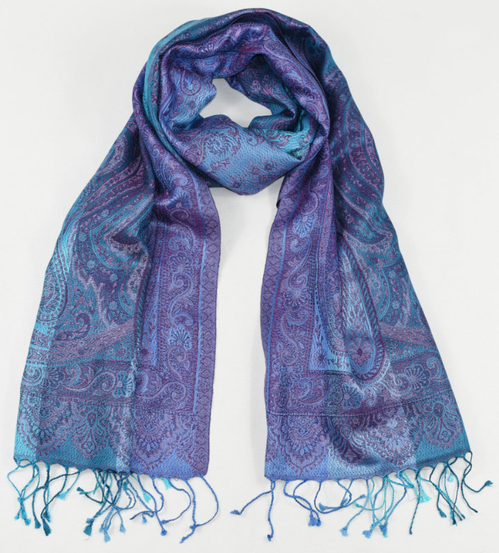 Hedvábná šála Jamawar velká - Tyrkysová a nebesky modrá s ornamenty