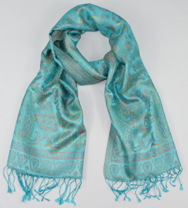 Hedvábná šála Jamawar střední - Azurová s ornamenty
