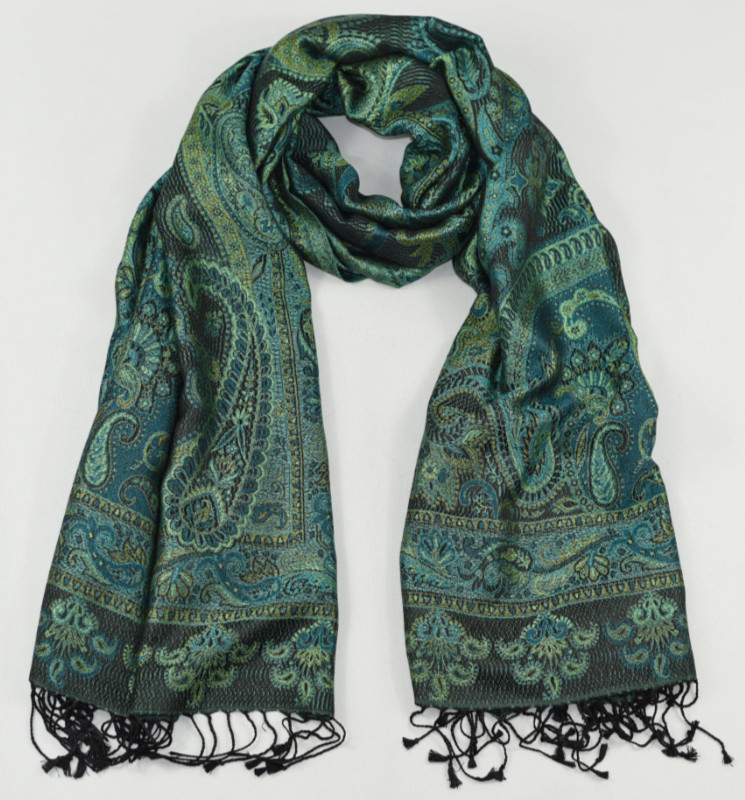 Hedvábná šála Jamawar velká - Černá a modrá s ornamenty