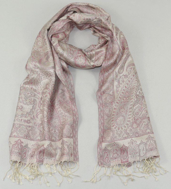 Hedvábná šála Jamawar velká - Smetanová a růžová s ornamenty