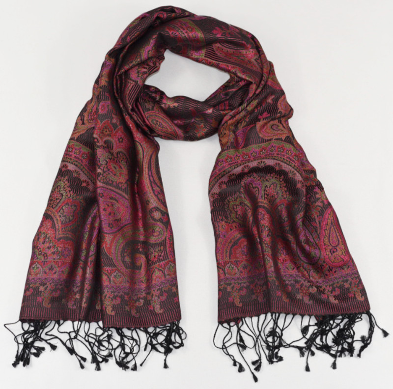 Hedvábná šála Jamawar velká - Černá a růžová s ornamenty