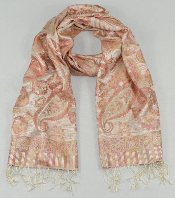Hedvábná šála Jamawar velká - Béžová, růžová a oranžová s ornamenty