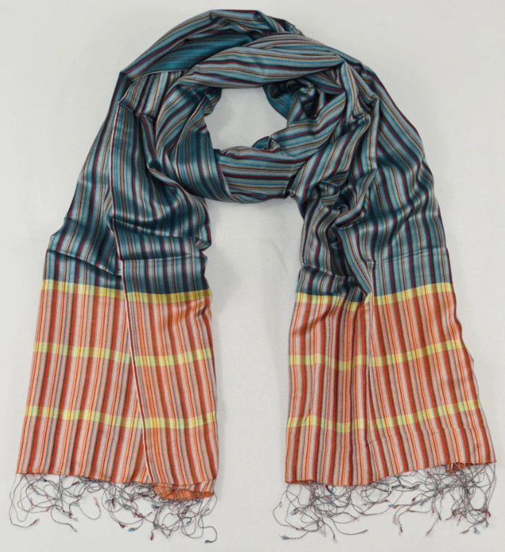 Hedvábná šála Šrínagar - Šedooranžová s pruhy