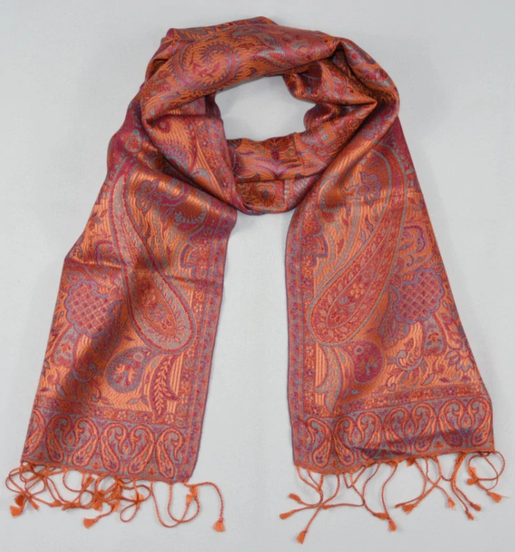 Hedvábná šála Jamawar malá - oranžová a růžová s ornamenty