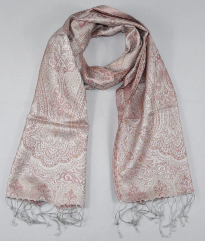 Hedvábná šála Jamawar malá - Světle šedá a růžová s ornamenty