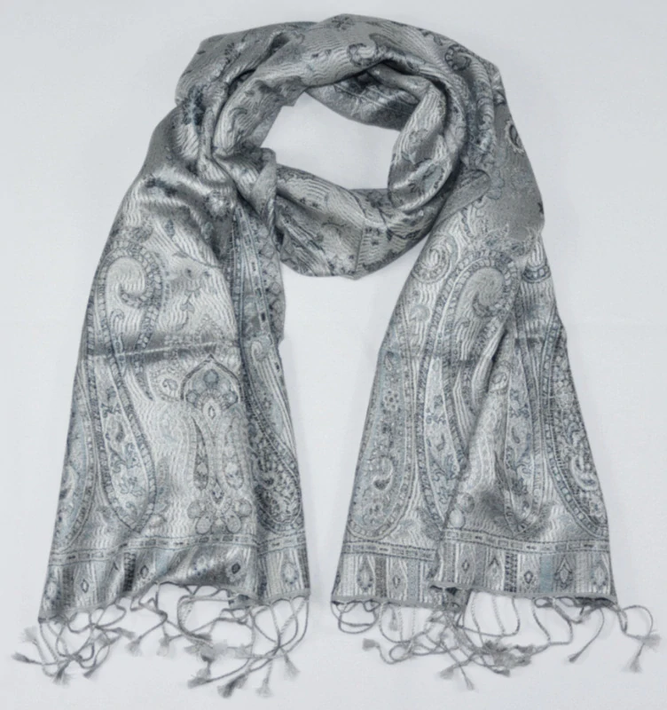 Hedvábná šála Jamawar malá - Šedá a blankytně modrá s ornamenty