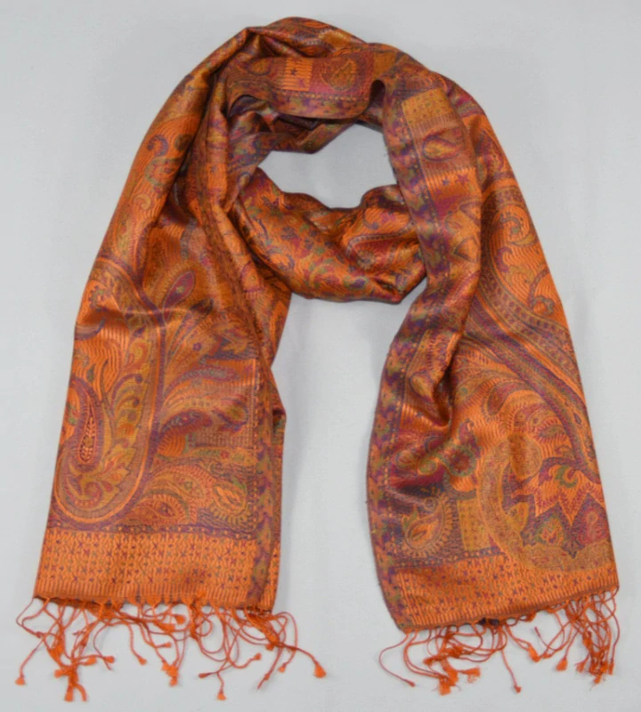 Hedvábná šála Jamawar střední - Oranžová s ornamenty 2