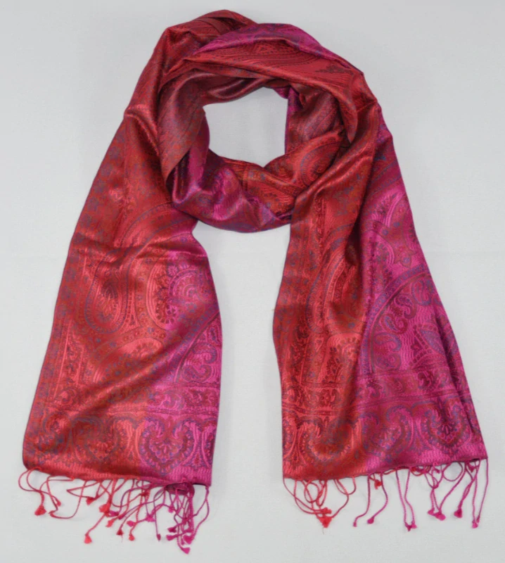 Hedvábná šála Jamawar střední - Růžová a červená s ornamenty 2