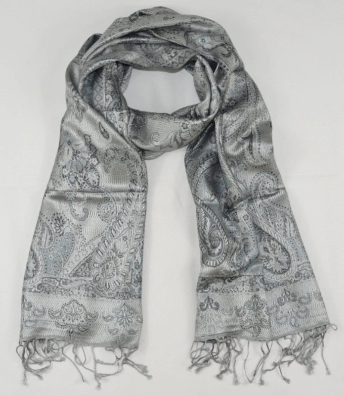 Hedvábná šála Jamawar střední - Šedá, černá a blankytně modrá s ornamenty 3