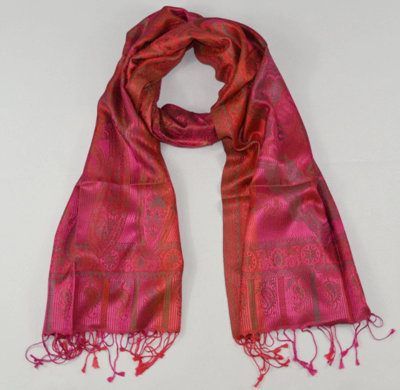 Hedvábná šála Jamawar střední - Růžová a červená s ornamenty 3