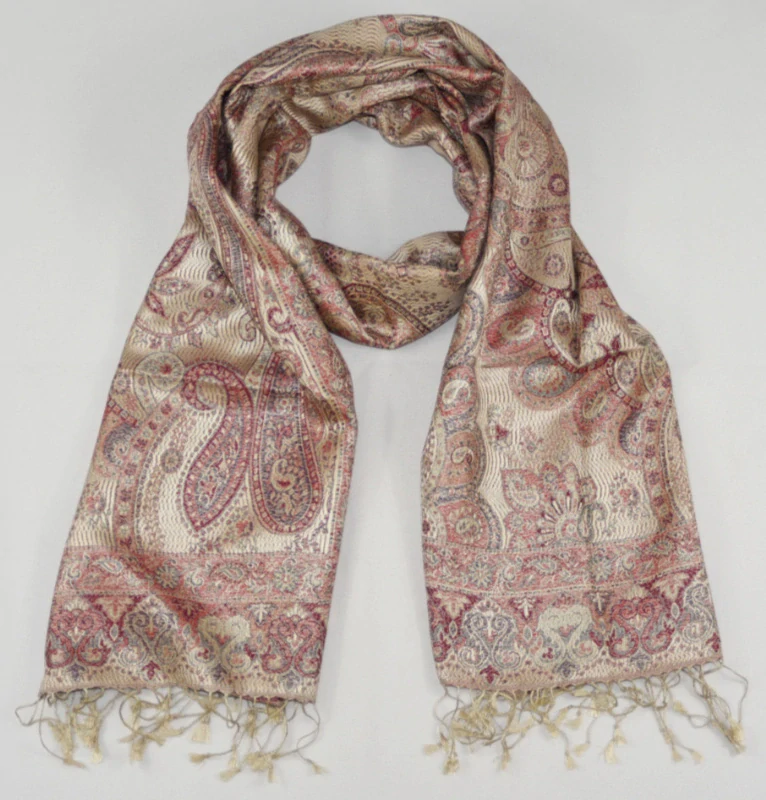 Hedvábná šála Jamawar střední - Béžová a červená s ornamenty 2