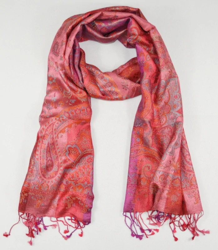 Hedvábná šála Jamawar střední - Červená, růžová, fialová s ornamenty 4