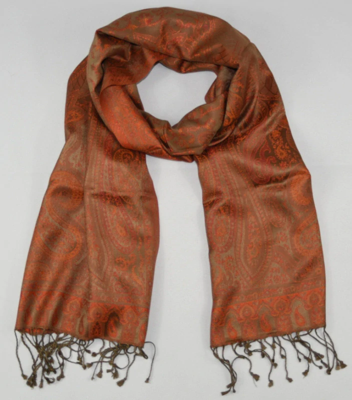 Hedvábná šála Jamawar střední - Hnědá a oranžová s ornamenty