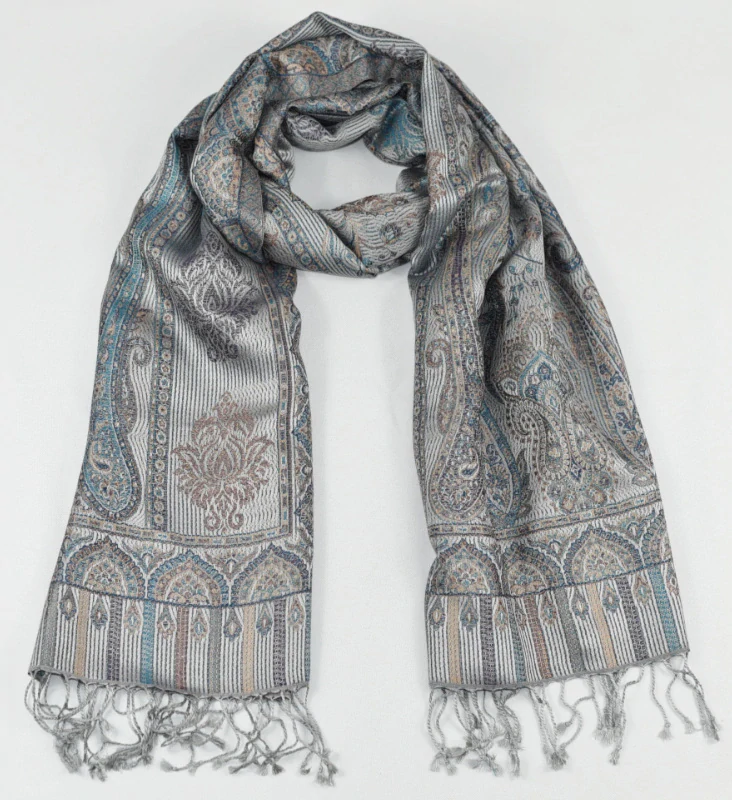 Hedvábná šála Jamawar velká - Šedá a modrá s ornamenty