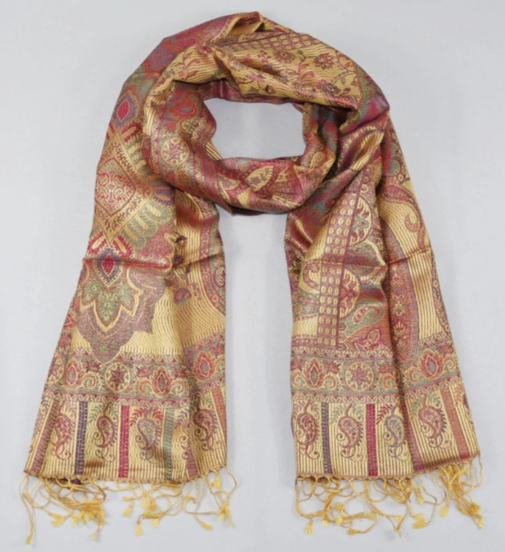 Hedvábná šála Jamawar velká - Žlutá a nachové s ornamenty