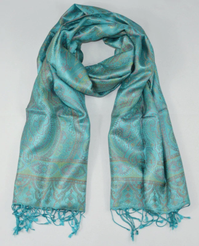 Hedvábná šála Jamawar velká - Azurová s ornamenty 2