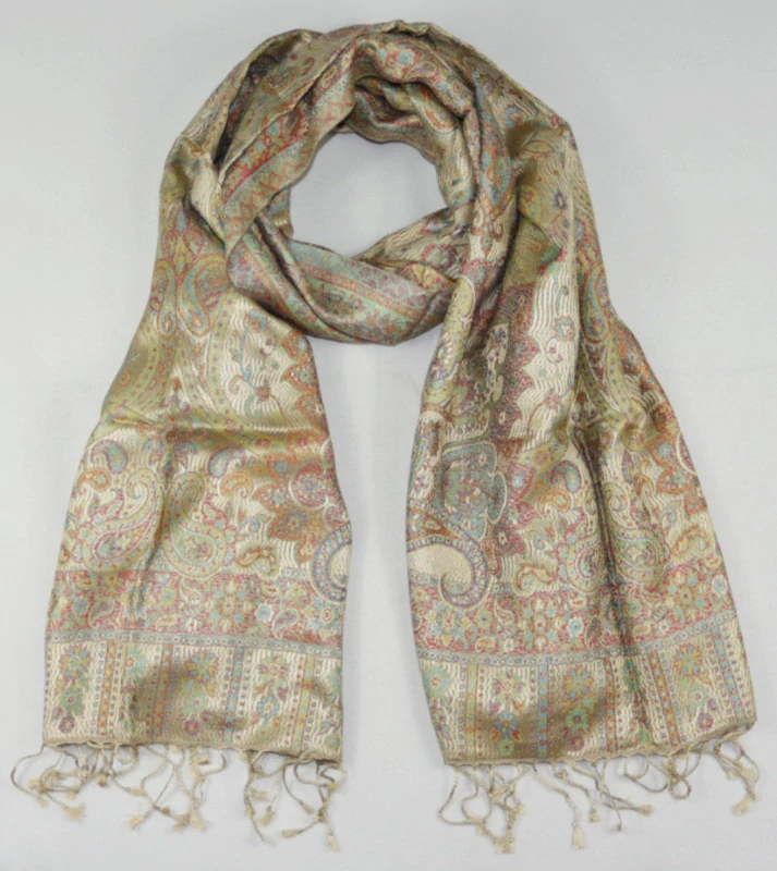 Hedvábná šála Jamawar velká - Zlatobéžová s ornamenty 2