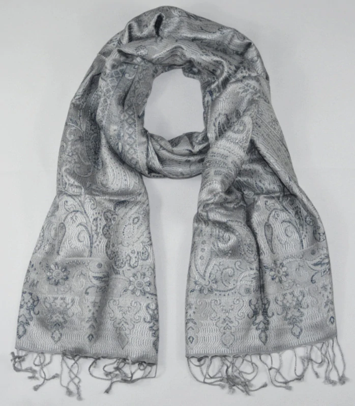 Hedvábná šála Jamawar velká - Šedá a noční modrá s ornamenty