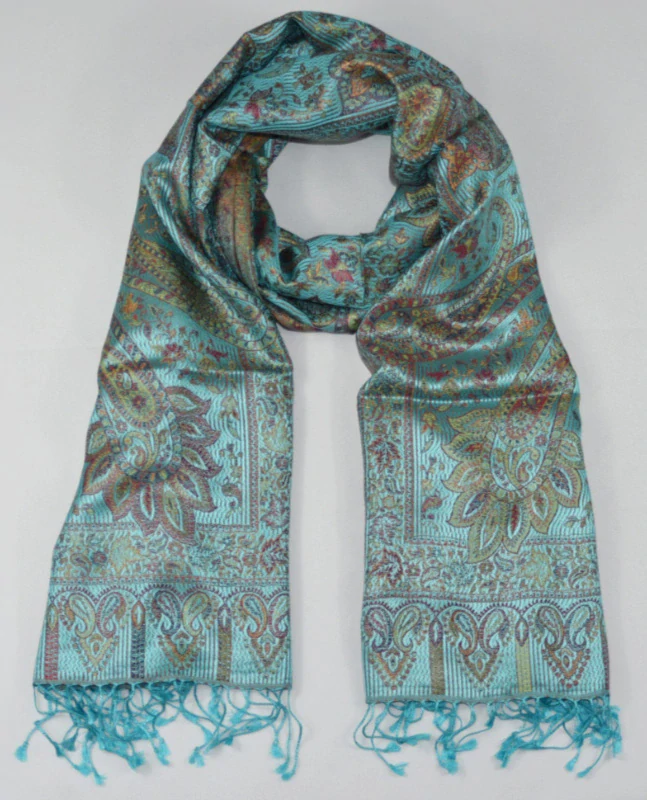 Hedvábná šála Jamawar velká - Azurová s ornamenty 3