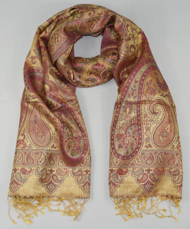 Hedvábná šála Jamawar velká - Žlutá a nachová s ornamenty 2