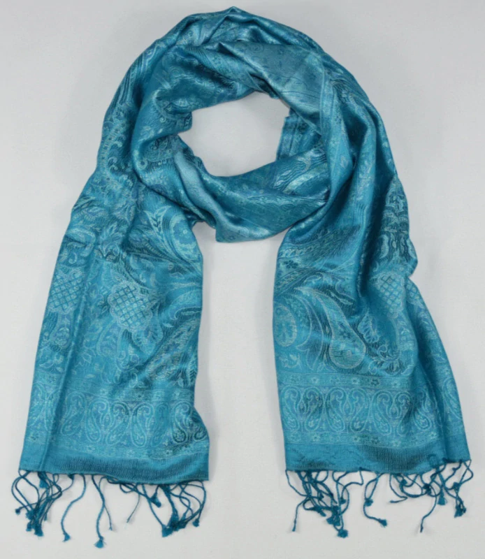 Hedvábná šála Jamawar střední - Kachní modrá a tyrkysová s ornamenty