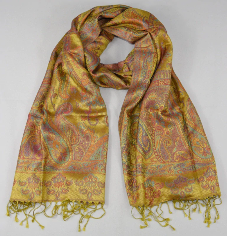 Hedvábná šála Jamawar střední - Žlutozlatá s ornamenty