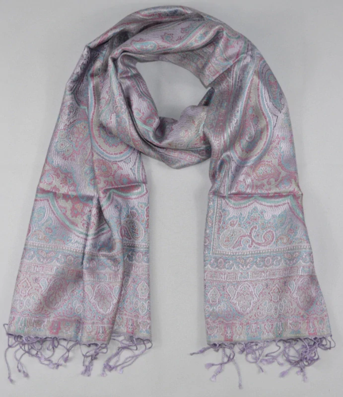 Hedvábná šála Jamawar střední - šeříková a růžová s ornamenty
