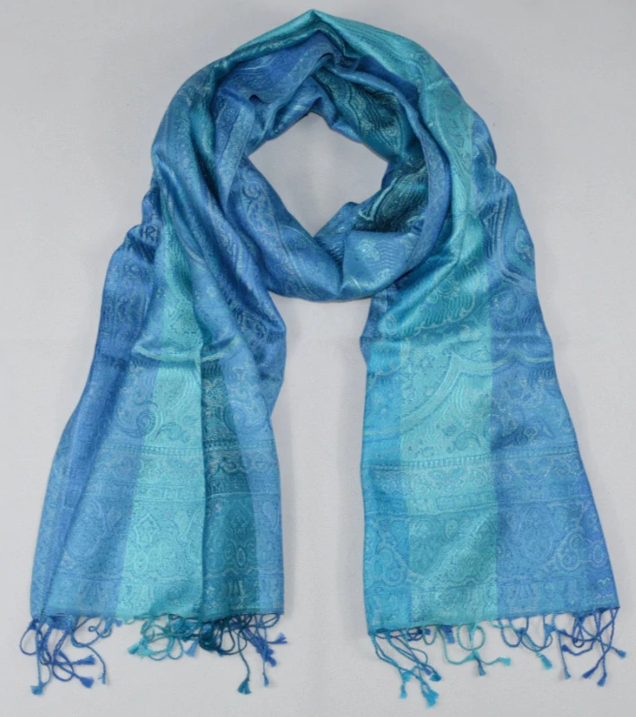 Hedvábná šála Jamawar střední - Tyrkysová a nebesky modrá s ornamenty