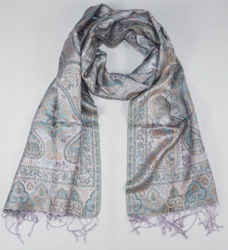 Hedvábná šála Jamawar střední - šeříková a tyrkysová s ornamenty