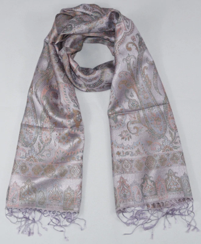 Hedvábná šála Jamawar malá - Šeříková a oranžová s ornamenty