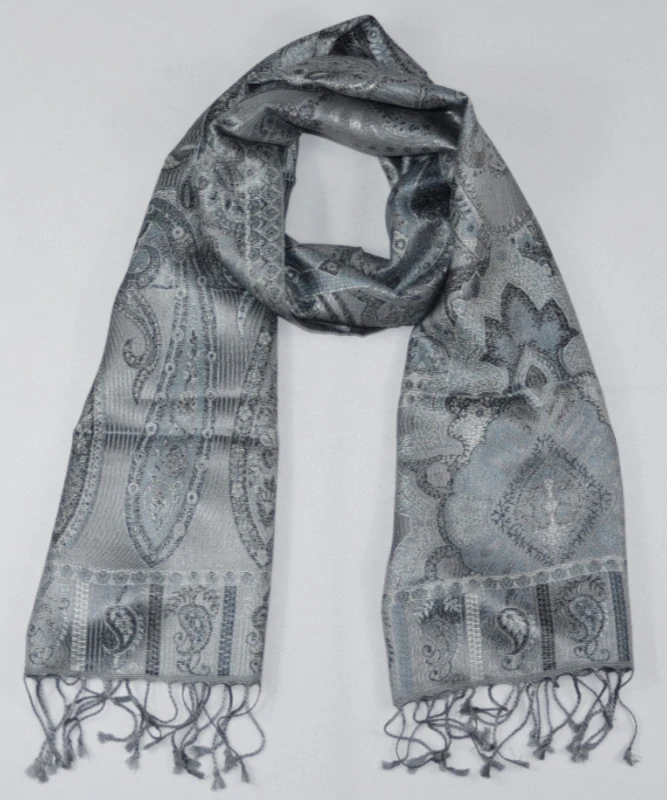 Hedvábná šála Jamawar malá - Šedá, černá a blankytně modrá s ornamenty