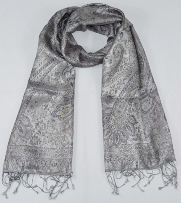 Hedvábná šála Jamawar malá - Šedá a noční modrá s ornamenty