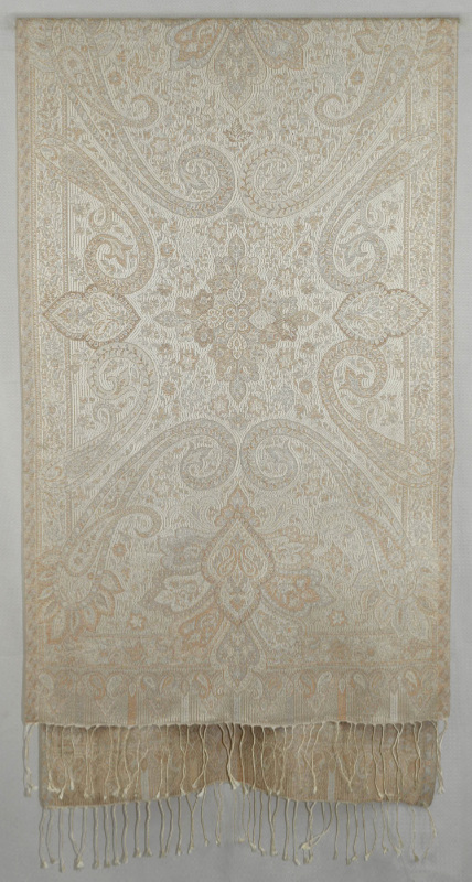 Hedvábná šála Jamawar střední - Smetanová a okrově hnědá s ornamenty