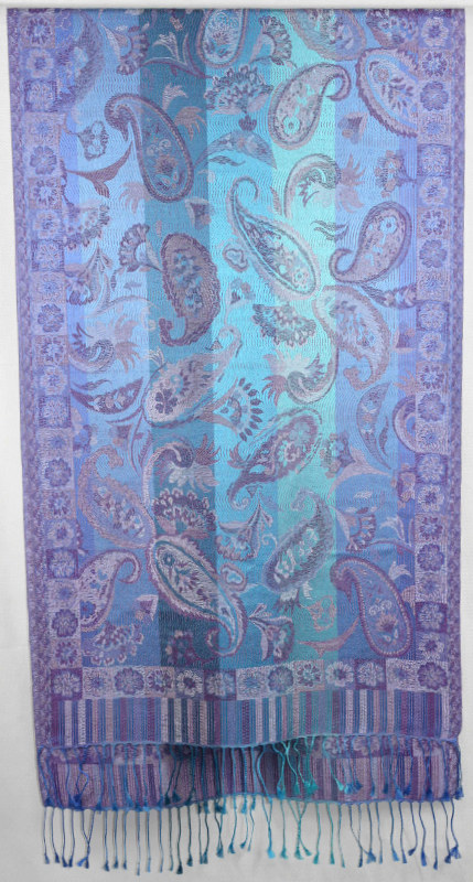 Hedvábná šála Jamawar střední - Tyrkysová a nebesky modrá s ornamenty