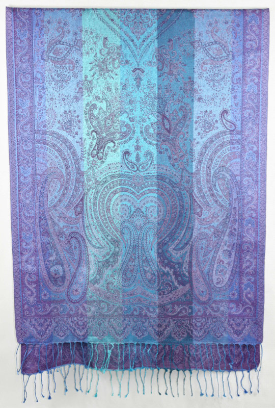 Hedvábná šála Jamawar velká - Tyrkysová a nebesky modrá s ornamenty