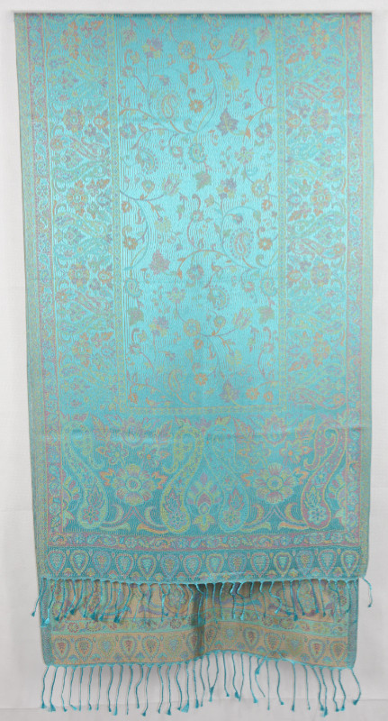 Hedvábná šála Jamawar střední - Azurová s ornamenty