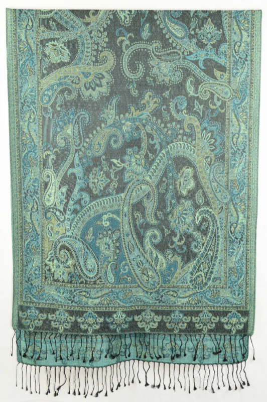 Hedvábná šála Jamawar velká - Černá a modrá s ornamenty