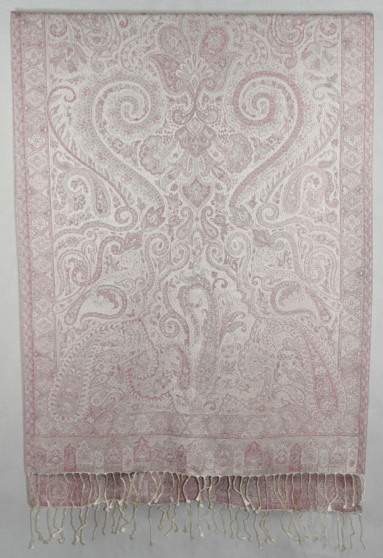 Hedvábná šála Jamawar velká - Smetanová a růžová s ornamenty