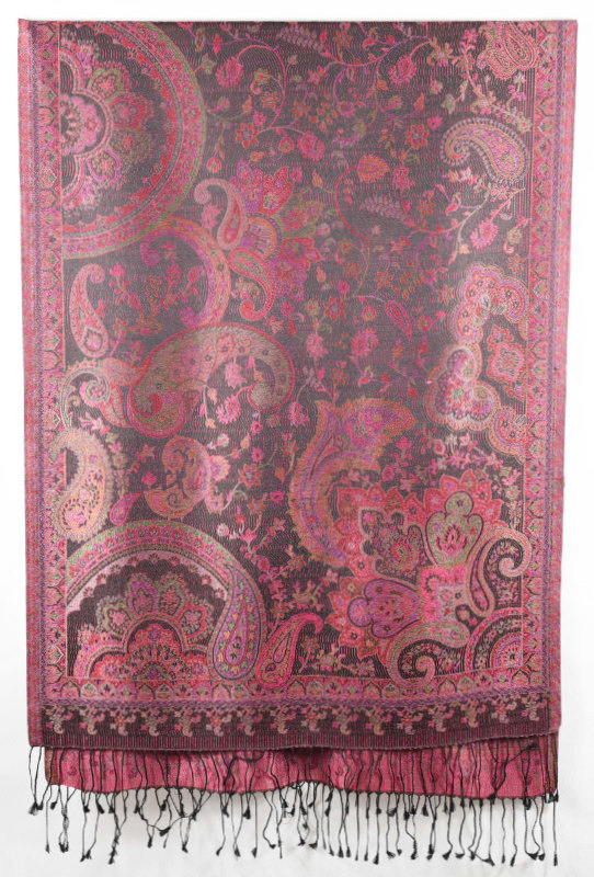 Hedvábná šála Jamawar velká - Černá a růžová s ornamenty