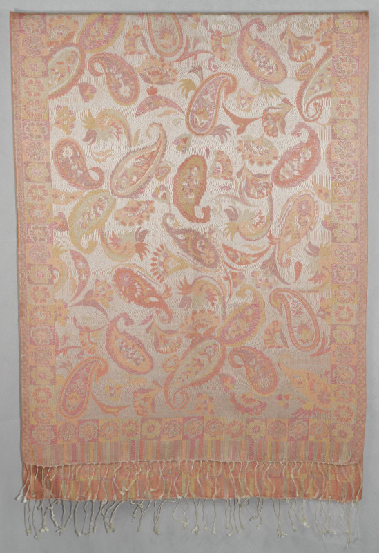 Hedvábná šála Jamawar velká - Béžová, růžová a oranžová s ornamenty