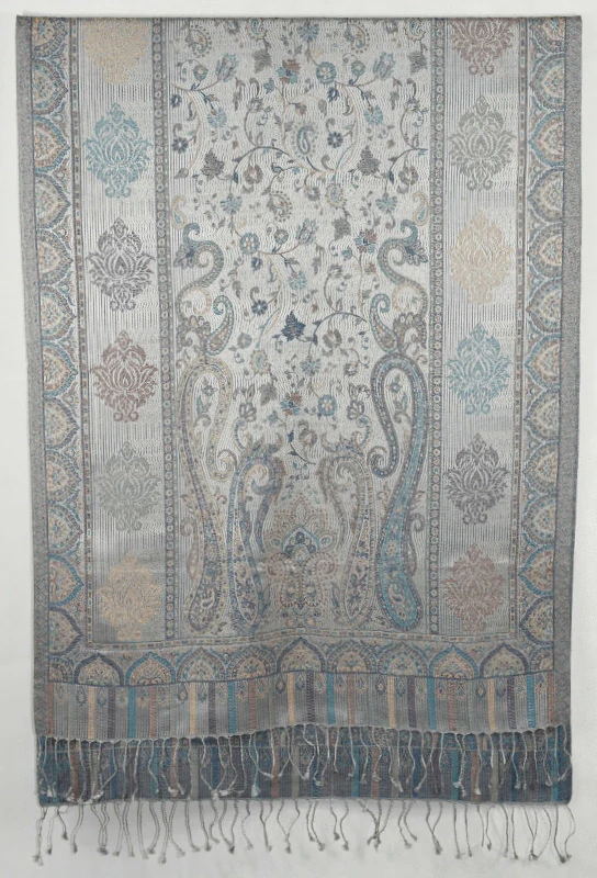 Hedvábná šála Jamawar velká - Šedá a modrá s ornamenty