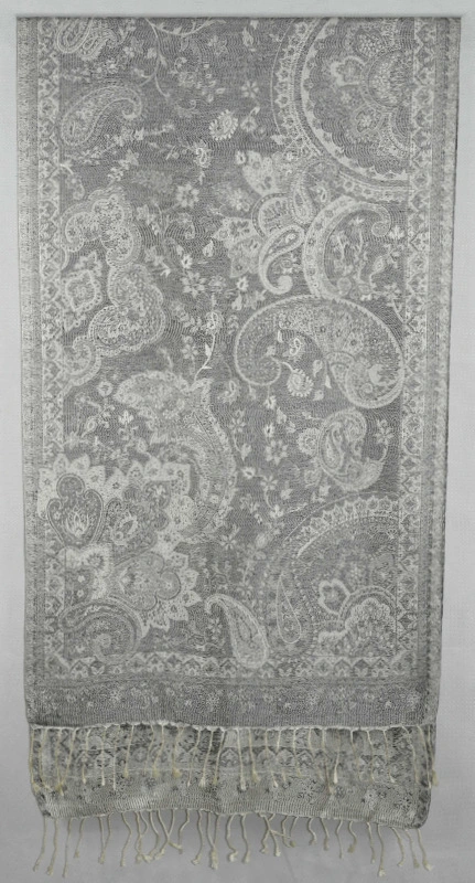 Hedvábná šála Jamawar střední - stříbrná, šedá a černá s ornamenty