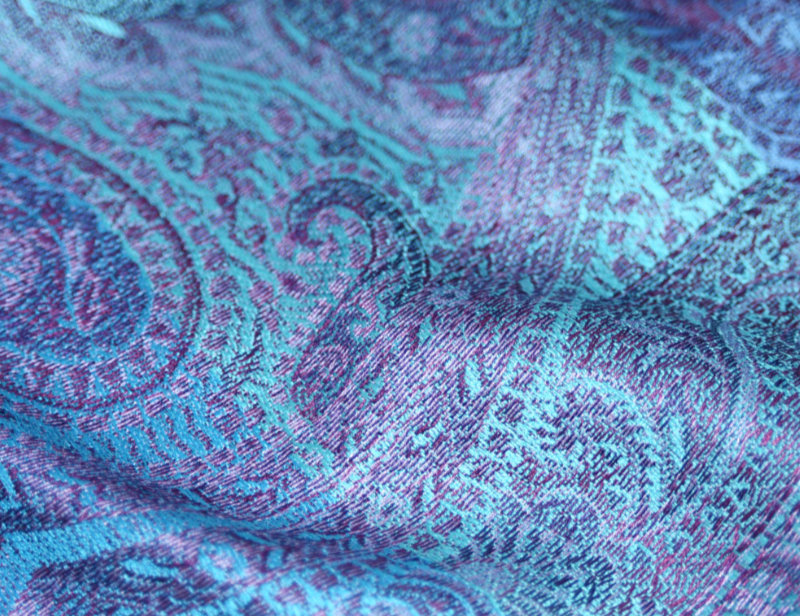 Hedvábná šála Jamawar velká - Tyrkysová a nebesky modrá s ornamenty