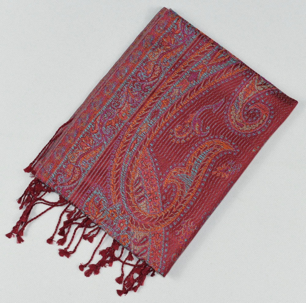 Hedvábná šála Jamawar malá - karmínově červená a blankytně modrá s ornamenty