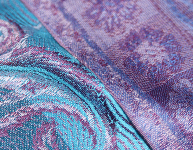 Hedvábná šála Jamawar střední - Tyrkysová a nebesky modrá s ornamenty