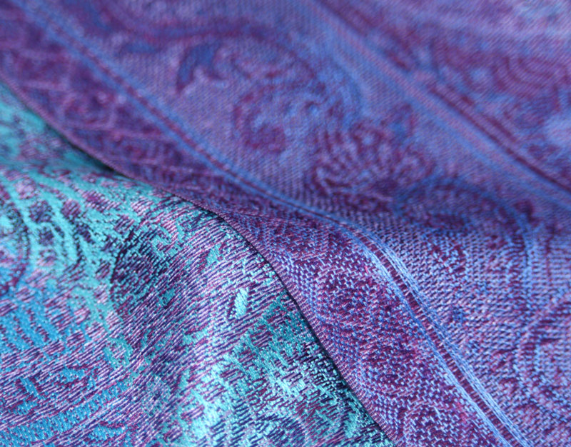 Hedvábná šála Jamawar velká - Tyrkysová a nebesky modrá s ornamenty