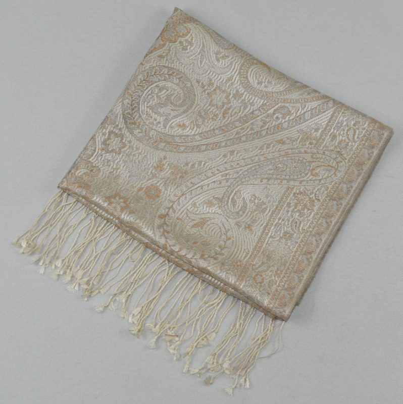 Hedvábná šála Jamawar střední - Smetanová a okrově hnědá s ornamenty